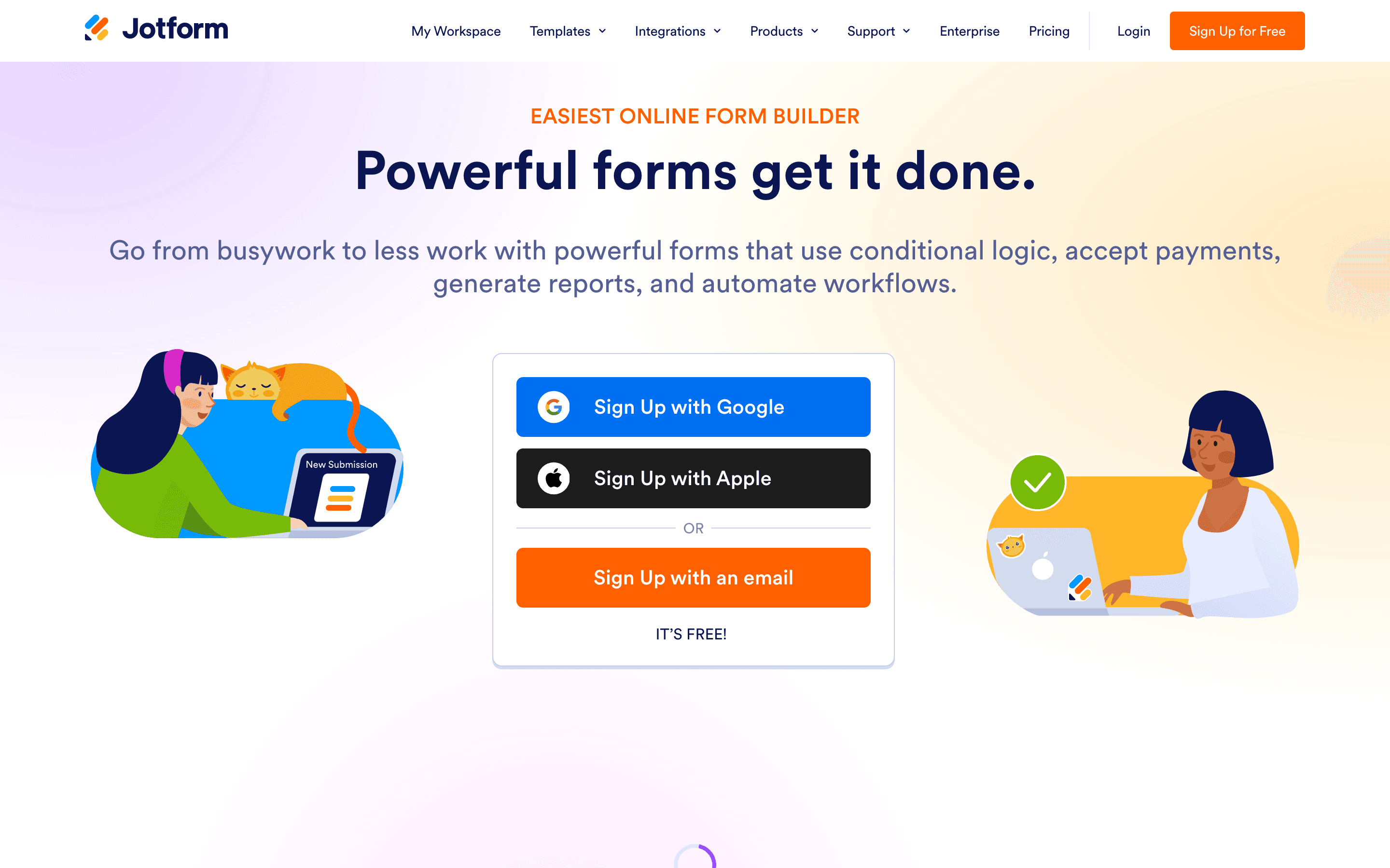 The JotForm landing page, captured for this comparison of free online form builders.
