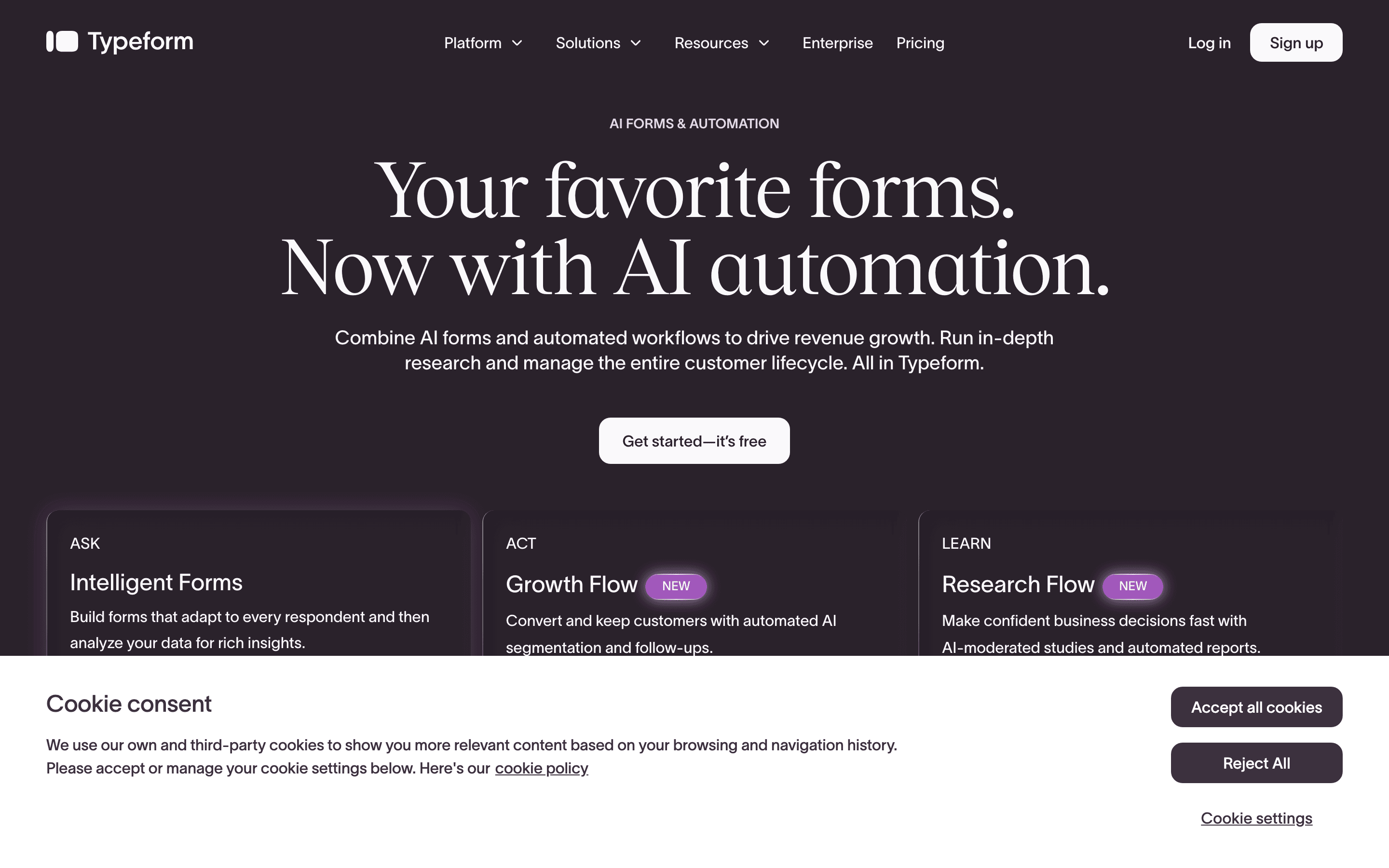 The Typeform landing page, captured for this comparison of free online form builders.