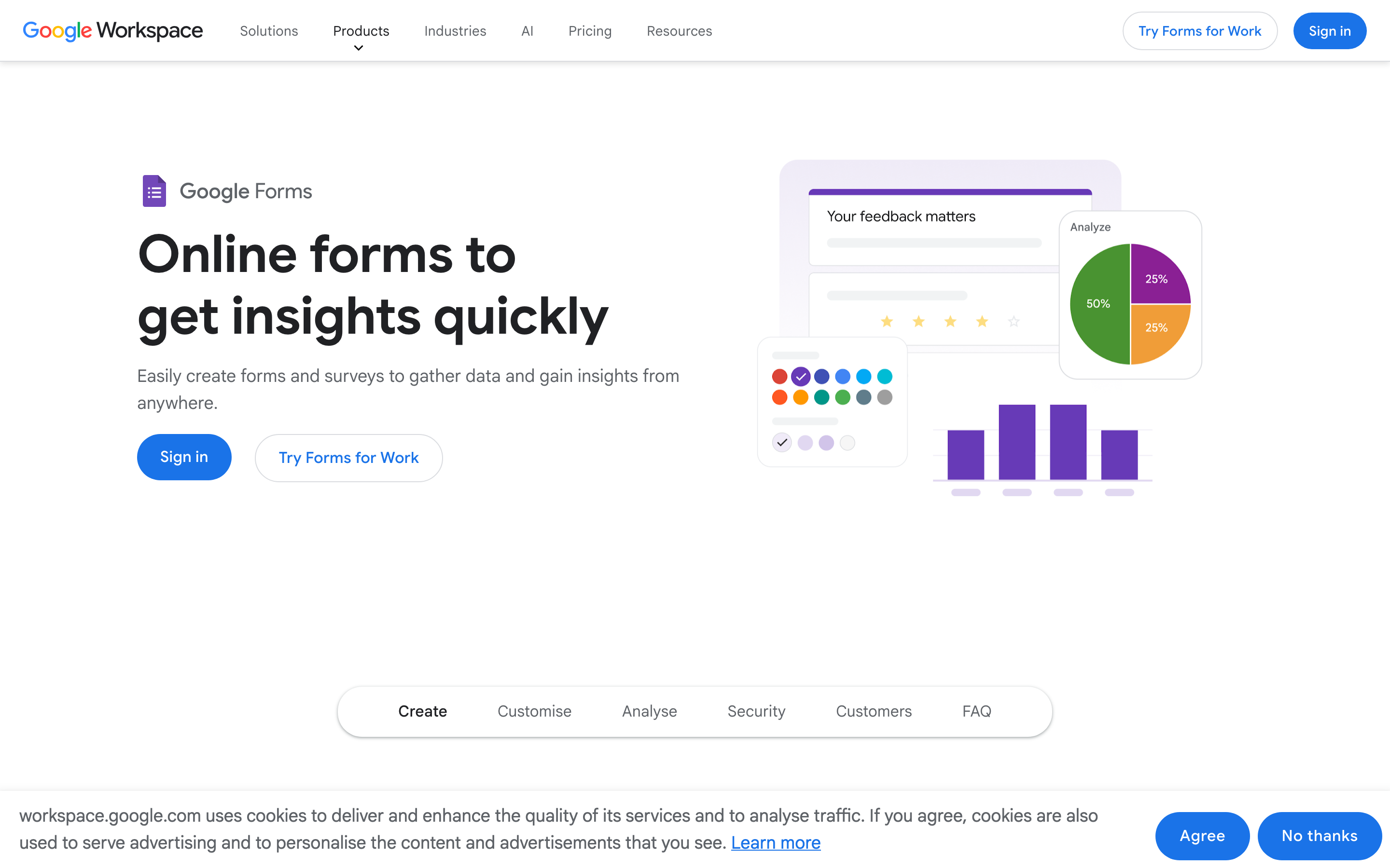 The Google Forms product page, free and simple, and the starting point for most people who later go looking for an alternative.