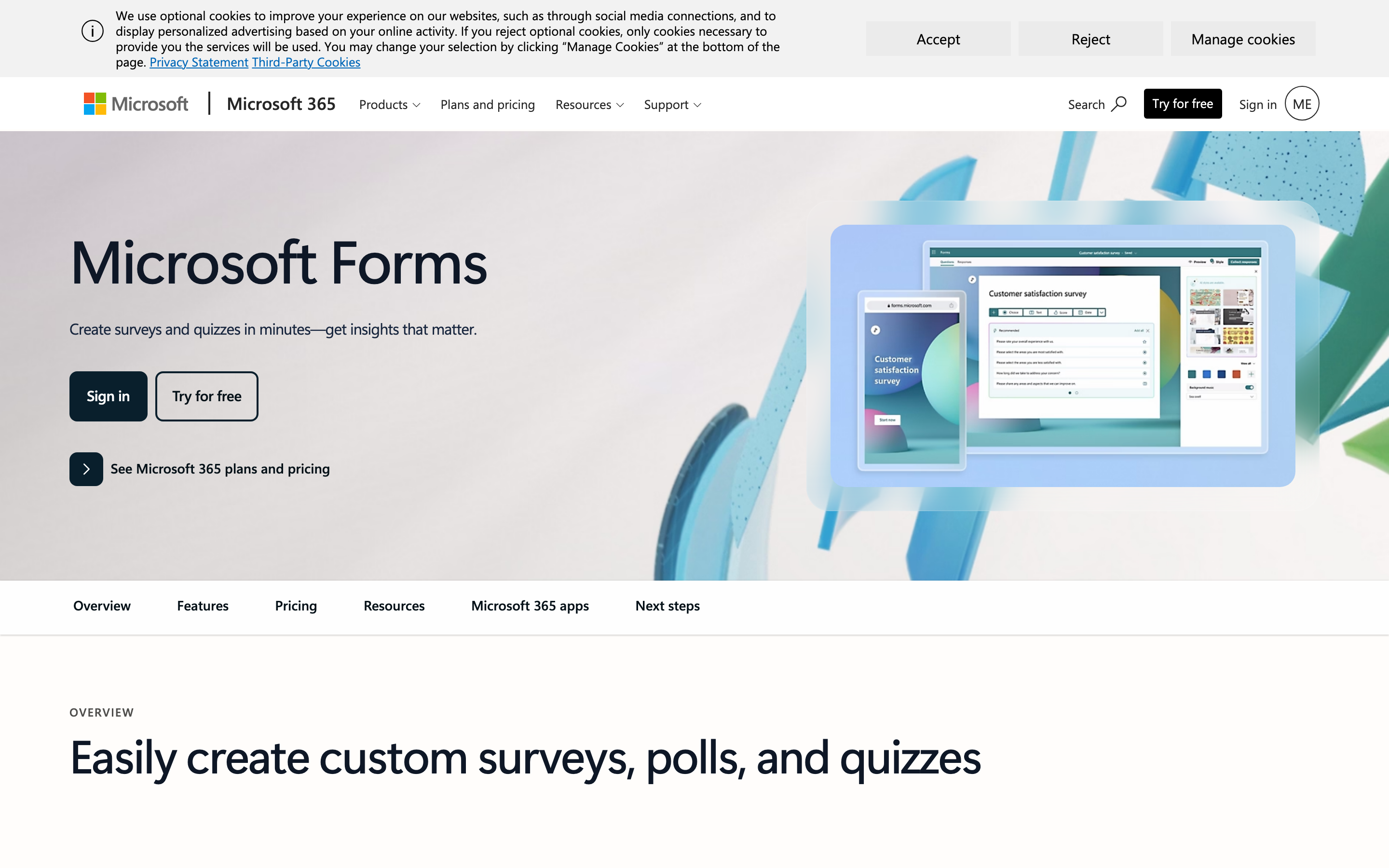 The Microsoft Forms page.