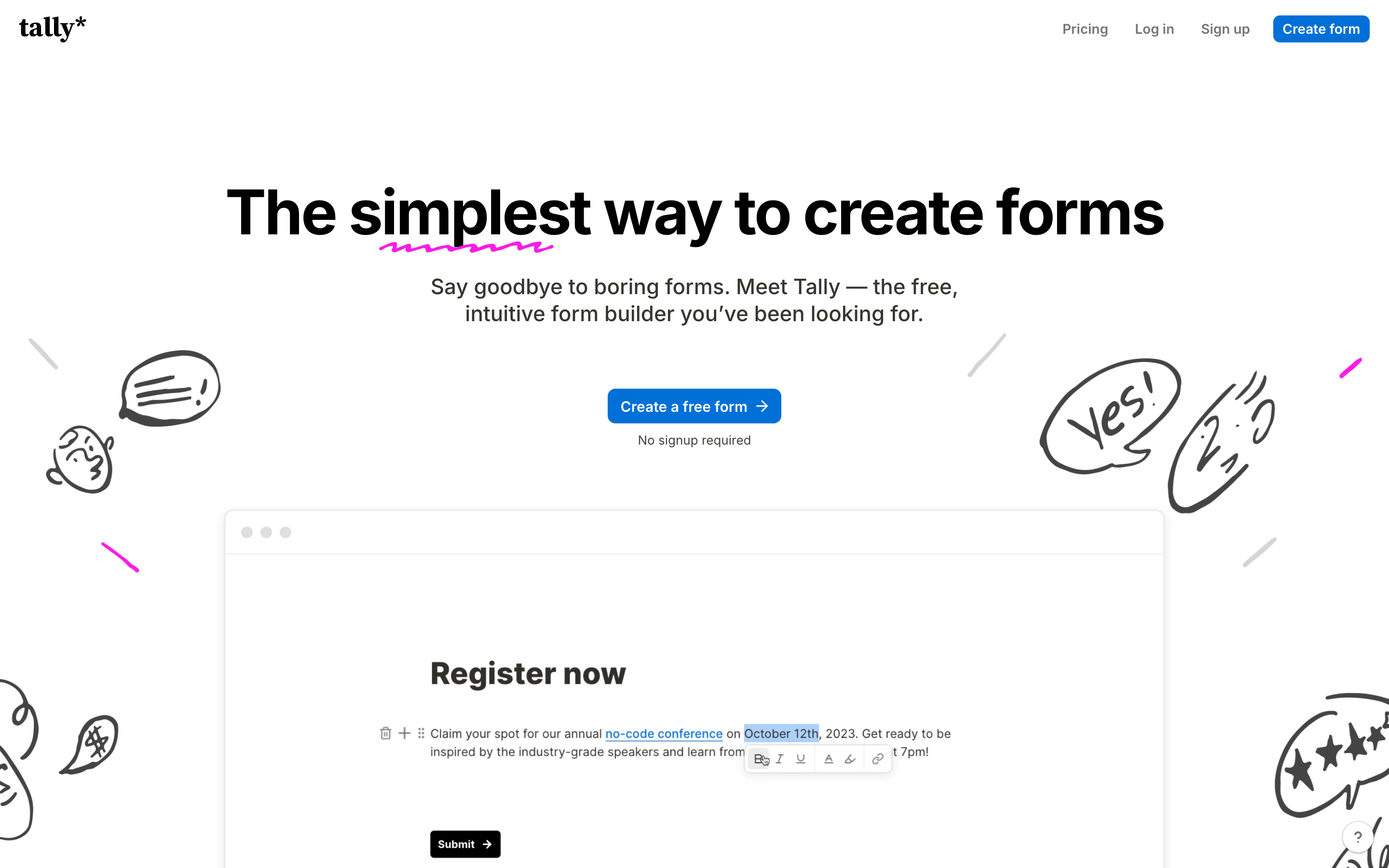 The Tally landing page.