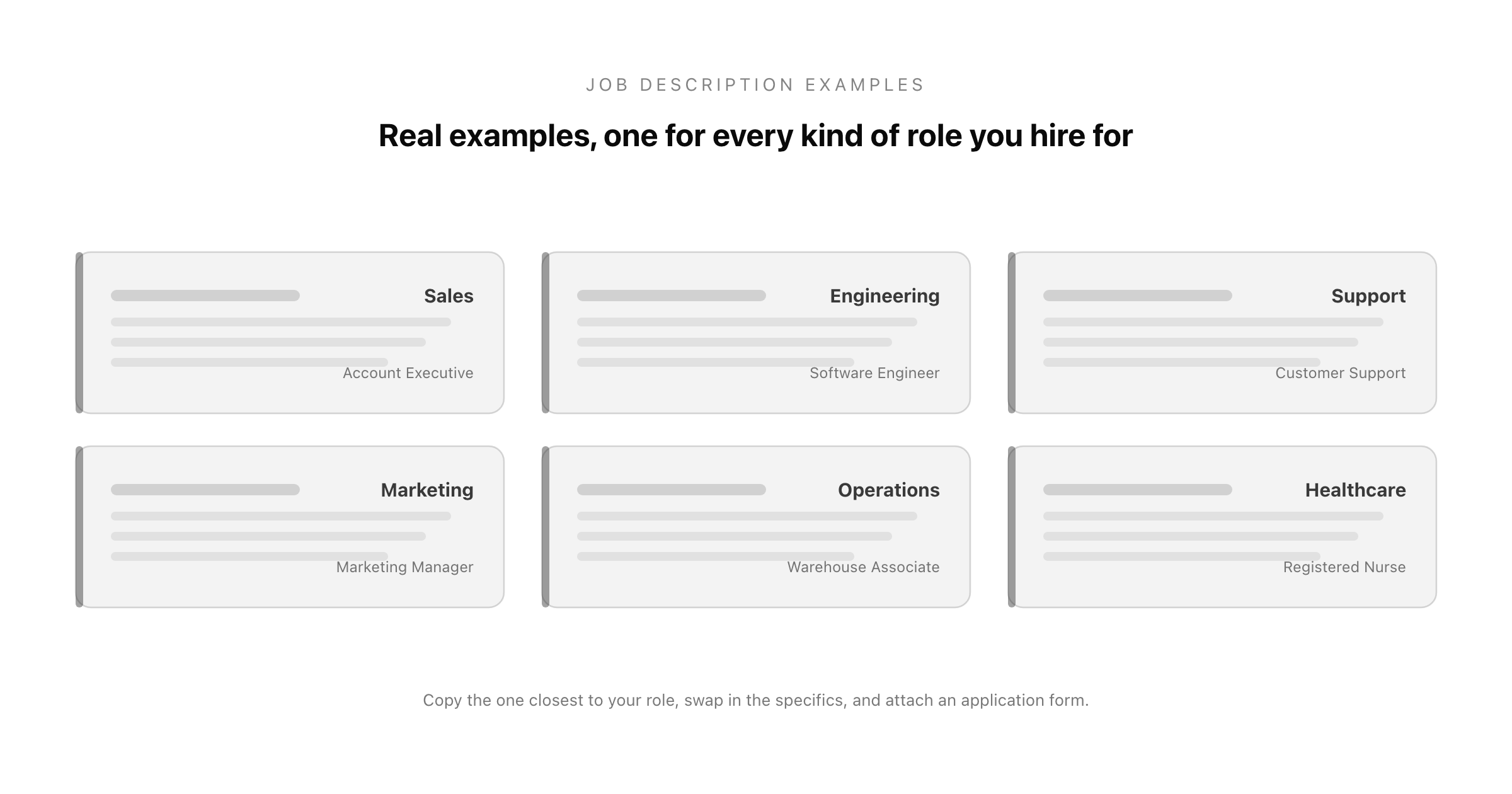 Six job description examples shown as cards by function: Sales, Engineering, Support, Marketing, Operations, and Healthcare
